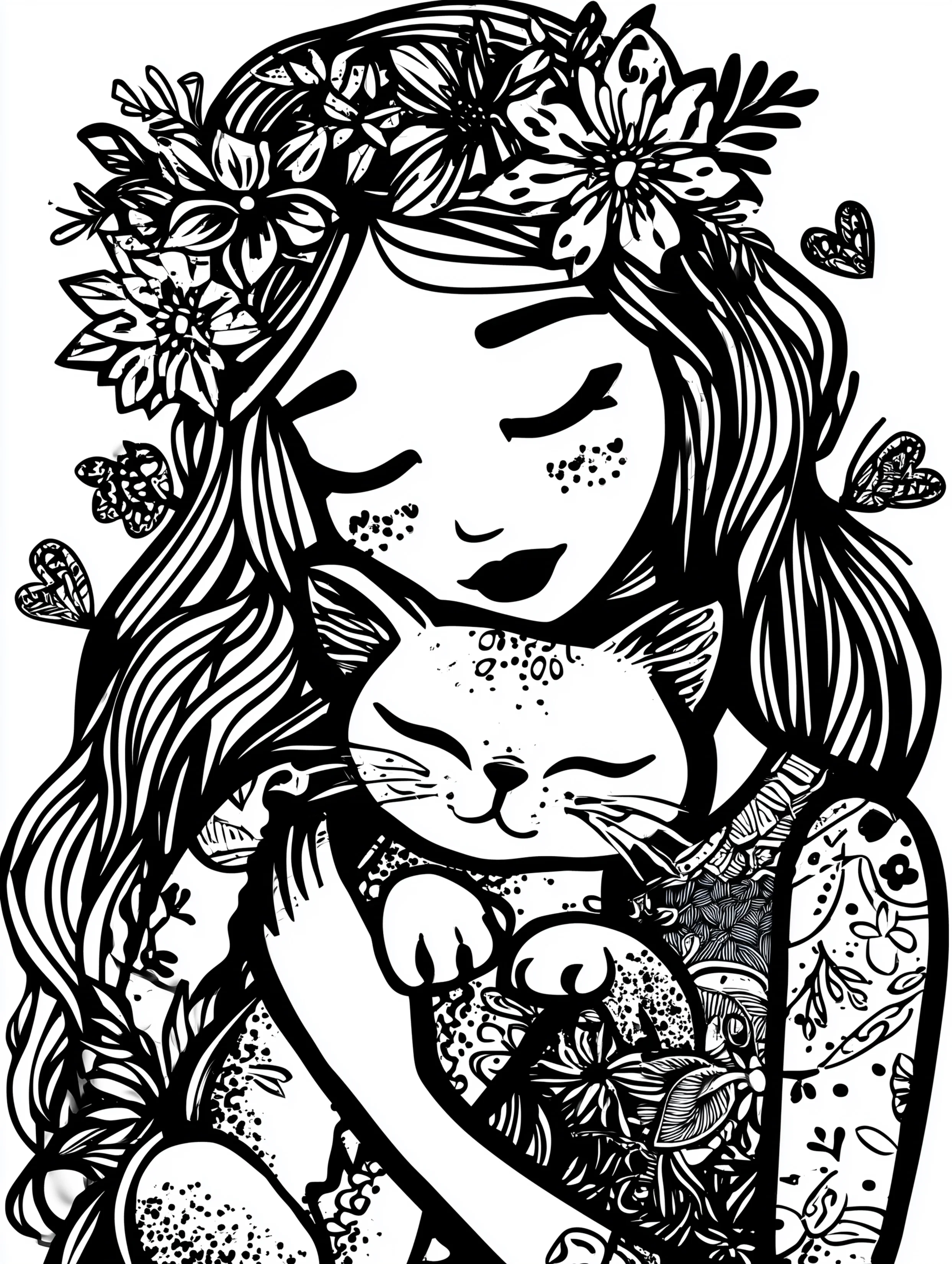 Free printable coloring page for your mom featuring a mom wearing a flower crown hugging a cat